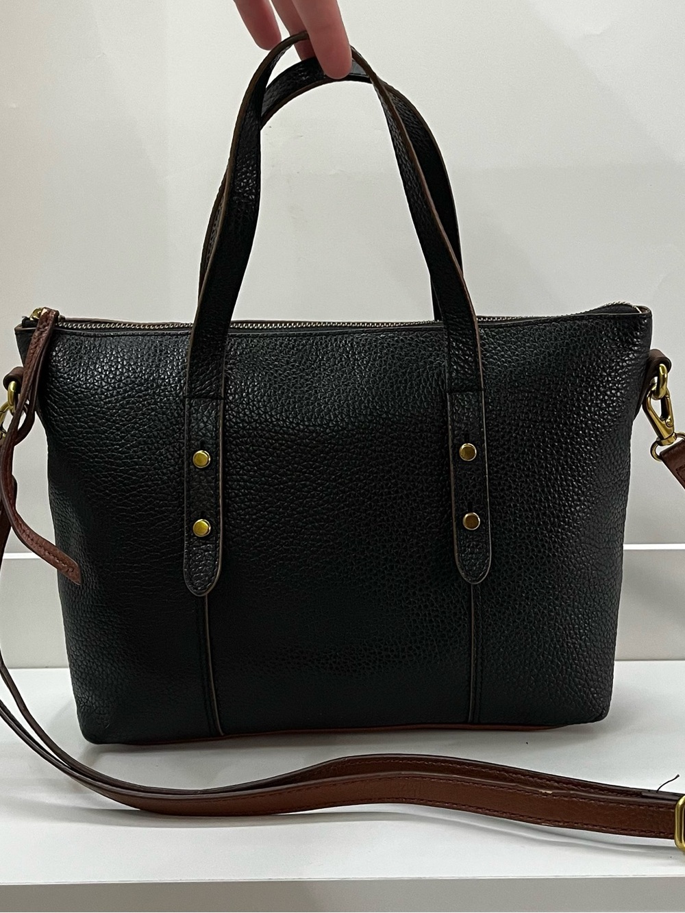 FOSSIL Black Brown Sydney Ryder Satchel Tote Crossbody Handbag Bag